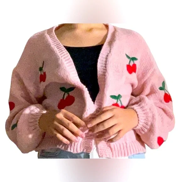 SHEIN Pink Cherry Embroidered Cardigan - Picture 1 of 7